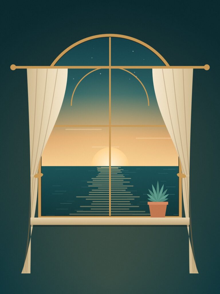 Illustration of an ocean sunrise seen through an arched window