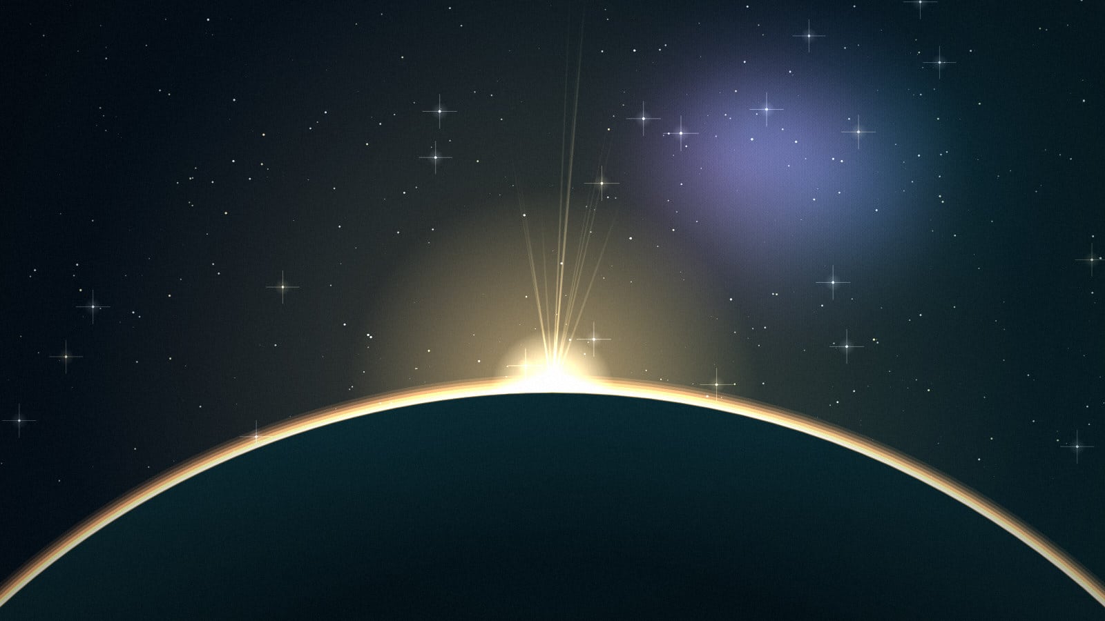 A golden sunrise breaking over the curved edge of a dark planet, with stars and a soft violet nebula in deep teal space