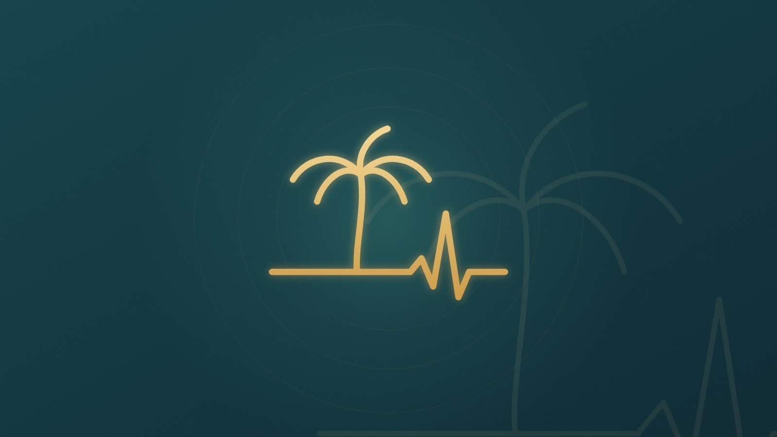 Gold line drawing of a palm tree whose ground line turns into a heartbeat, on a dark teal background